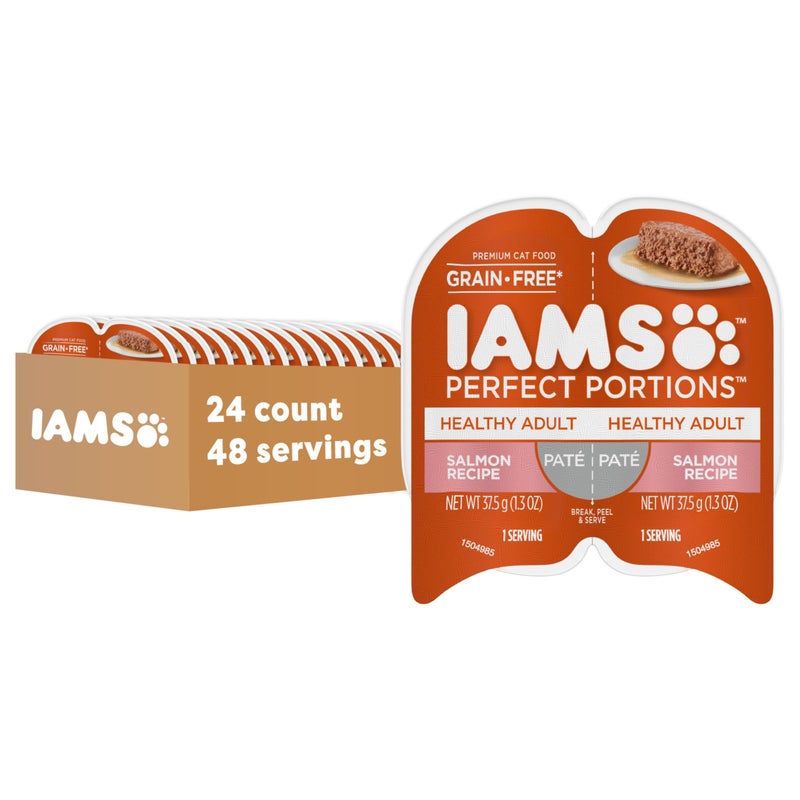 IAMS Perfect Portions Healthy Adult Grain Free Wet Cat Food Pate, Salmon Recipe, 2.6 oz. Easy Peel Twin-Pack Trays (24 Count, 48 Servings) - Image 1